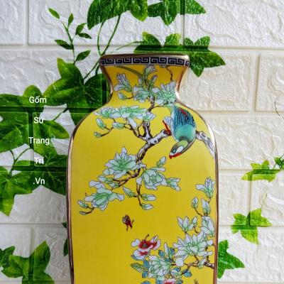 Bình Tứ Giác họa tiết Tứ Quý men vàng